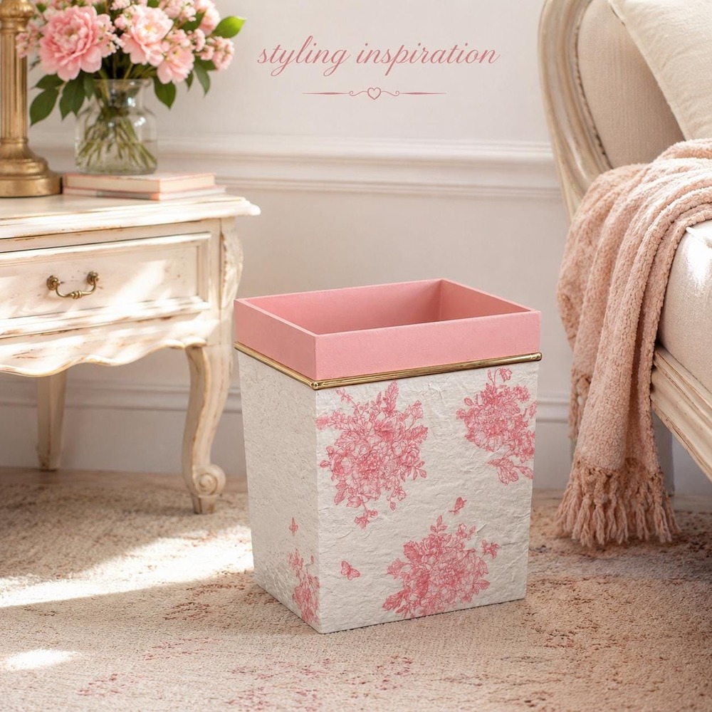 Upcycled Pink Floral Wastebasket, Shabby Chic Trash Bin, Cottagecore Nursery